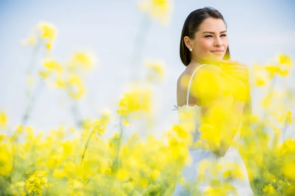 Giovane donna nel campo primaverile — Foto Stock