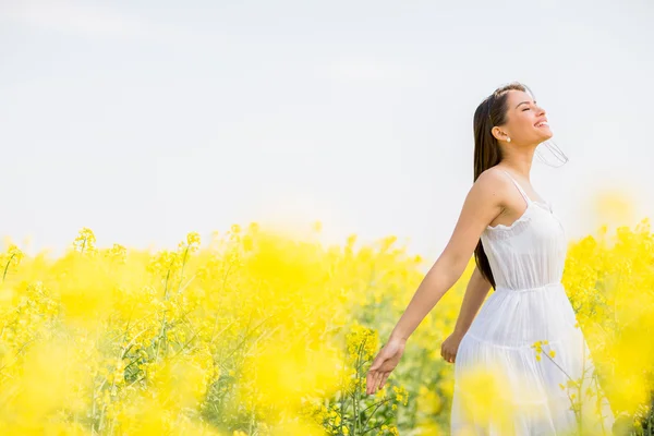 Young woman in the spring field — Stock Photo, Image