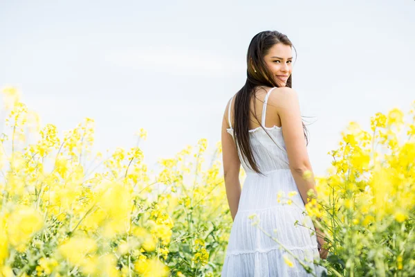 Mujer joven en el campo de primavera —  Fotos de Stock