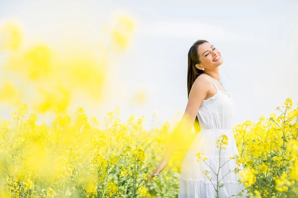 Jovem mulher no campo de primavera — Fotografia de Stock