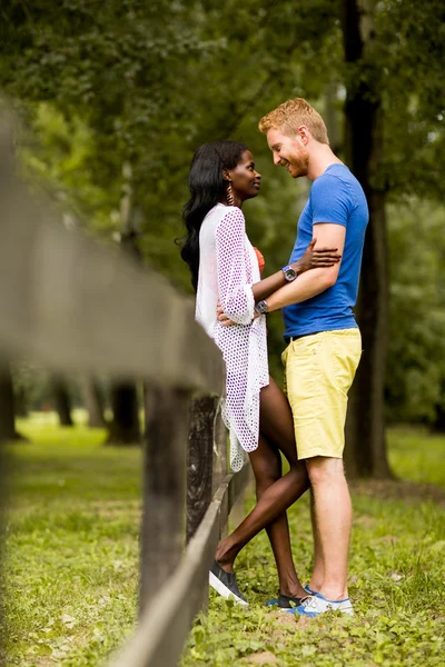 Multiracial par i parken — Stockfoto