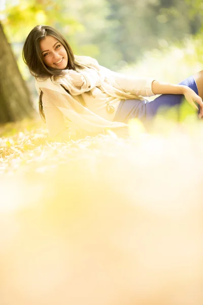 Mujer en bosque de otoño — Foto de Stock