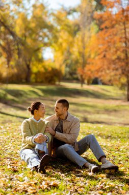 Koreli bir kadın ve beyaz bir adam. Koreli bir kadın ve beyaz bir erkek, sonbahar renkleriyle dolu bir parkta güneşin altında düşmüş yapraklardan oluşan bir yatakta keyifli bir anı paylaşıyorlar..