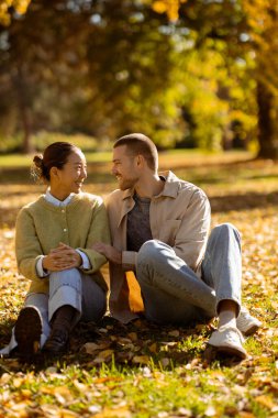 Koreli bir kadın ve beyaz bir erkek, sıcak sonbahar güneşi altında, düşen yapraklardan oluşan bir battaniyenin üzerinde yan yana oturup, birbirlerine gülümsüyorlar..