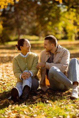 Sonbahar yapraklarından oluşan bir battaniyeye oturmuş, doğanın renkli güzellikleriyle çevrili güneşli bir parkta gülüşmeler ve kahkahalar atıyorlar..