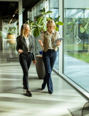 Şık giyinmiş iki kadın birlikte yürürken, fikirlerini paylaşıyor ve yeşilliklerle dolu parlak ve canlı ofis ortamının tadını çıkarıyor..