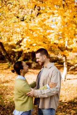 Güneşli bir sonbahar parkında Koreli bir kadın ve beyaz bir erkek, renkli altın yaprakların arasında kucaklaşırken paylaşılan neşeli bir an..