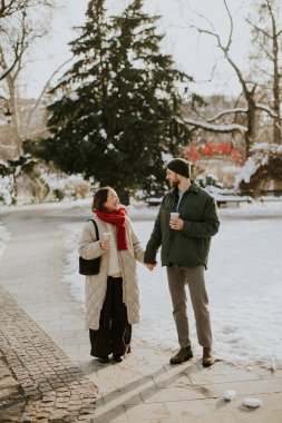 Koreli bir kadın ve beyaz bir adam karlı bir parkta yürürken el ele tutuşuyorlar. Sıcak içecekler içip kışlık giysiler giyiyorlar. Ağaçlar çevreler onları aydınlık ve soğuk bir günde.