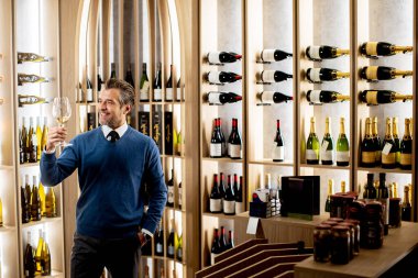 Bir beyefendi kadehini kaldırır ve şişelerle dolu şık bir mahzende etrafındaki zarif şarap seçimlerini takdir eder..