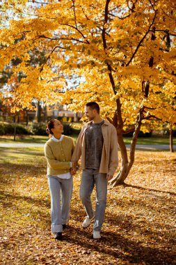 İki kişi, ağaçlar ve yumuşak güneş ışığıyla çerçevelenmiş canlı sonbahar yapraklarıyla dolu huzurlu bir parkta el ele yürüyor..