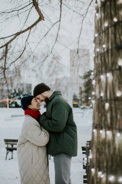 Koreli bir kadın ve beyaz bir erkek bir ağacın altında gülüyor ve birbirlerine sarılıyorlar. Etraflarında banklar olan karlı bir parkta birlikte vakit geçirmekten hoşlanırlar..