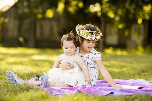 Çimenlerin üzerinde oturan küçük kızlar — Stok fotoğraf
