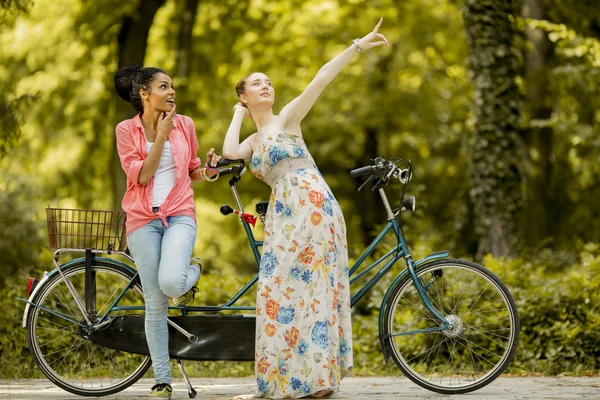 Mulheres jovens com bicicleta — Fotografia de Stock