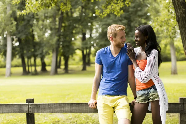 Multiracialt par i parken - Stock-foto