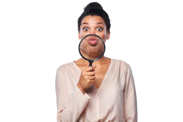 Woman showing lips folded for kiss — Stok fotoğraf