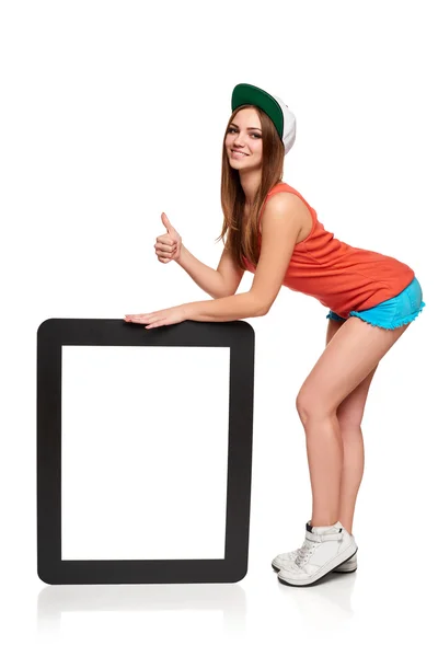 Teen funky girl standing with a frame — Stock Photo, Image