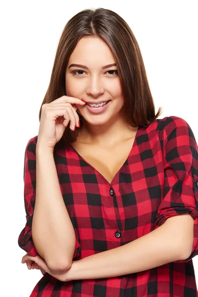 Female smiling with braces on her teeth — Stock Photo, Image