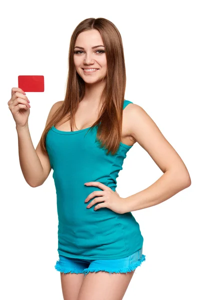 Adolescente menina brilhante segurando cartão de crédito — Fotografia de Stock