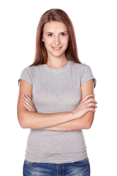 Casual woman smiling standing with folded hands — Stock Photo, Image