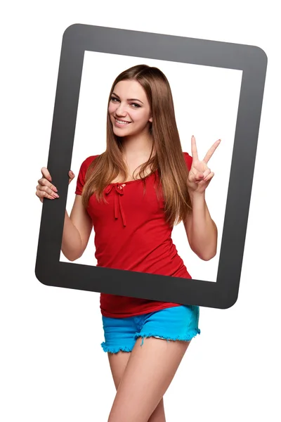 Female looking through the frame giving thumb up — Stock Photo, Image