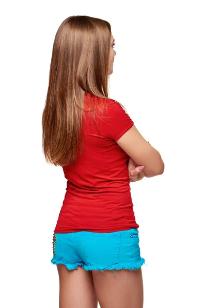 Vista posteriore della giovane femmina che guarda lo spazio di copia vuoto — Foto Stock