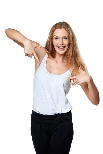 Woman pointing at herself — Stock Photo, Image