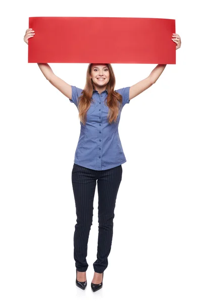 Mulher segurando papelão em branco vermelho — Fotografia de Stock