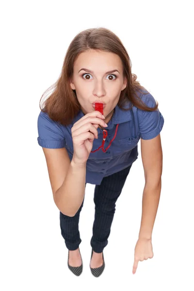 Female blowing a whistle and pointing at you — Stock Photo, Image