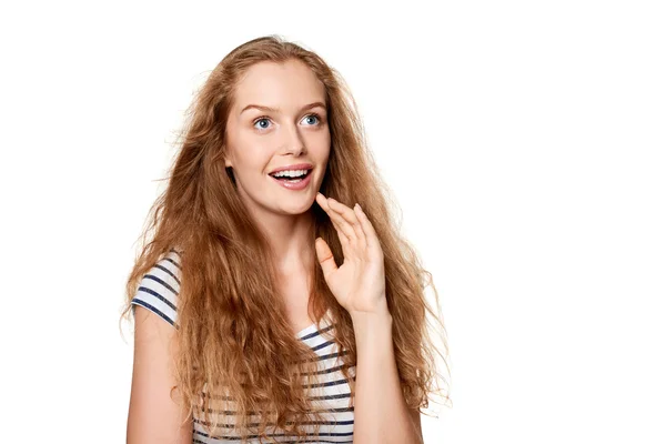 Excité adolescent fille regarder à l 'côté dans l' étonnement . — Photo