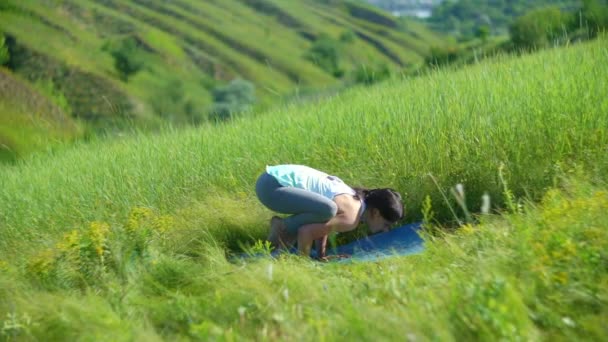 Junge Frau macht Yoga auf grüner Sommerwiese — Stockvideo