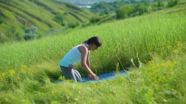 녹색 여름 초원에서 요가를 하는 젊은 여자 — 비디오
