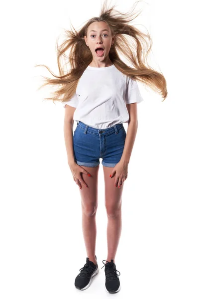 Full Length Shocked Teen Standing White Background Shouting Flying Hair — Stock Photo, Image