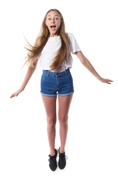 Full Length Happy Joyful Teen Jumping White Background — Stok Foto