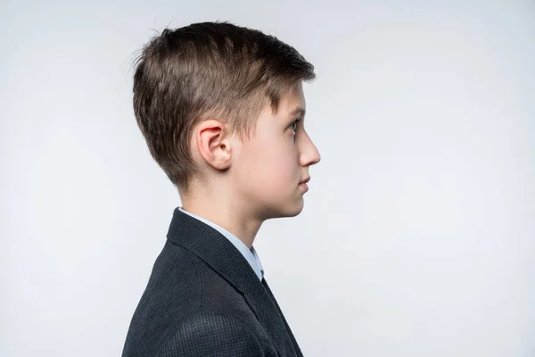Closeup Profile Portrait School Boy Jacket Looking Forward — Stock Photo, Image