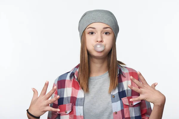 Fooling Teen Girl Blowing Bubblegum Wide Opened Eyes Studio Portrait — Stock Photo, Image