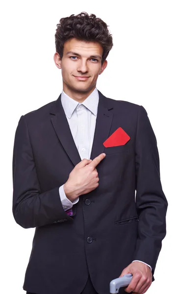 Hombre de negocios mostrando la tarjeta de papel en blanco vacía — Foto de Stock