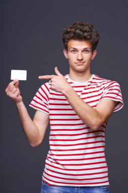 Man showing empty blank paper card sign clipart
