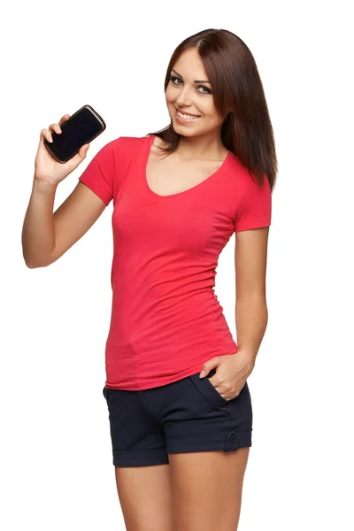 Mujer mostrando teléfono celular móvil con pantalla negra — Foto de Stock
