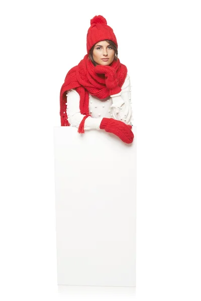 Winter woman with banner — Stock Photo, Image