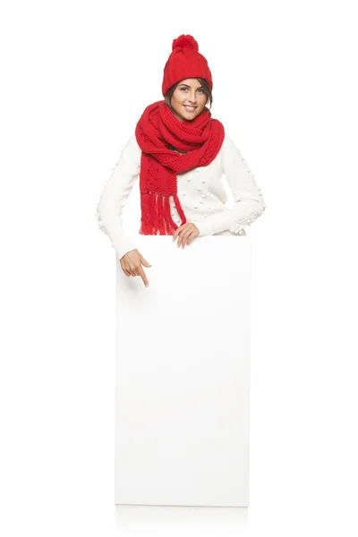 Winter vrouw met banner — Stockfoto