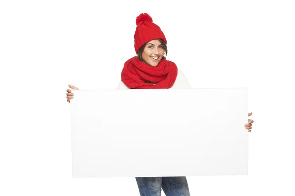 Winter woman with banner — Stock Photo, Image