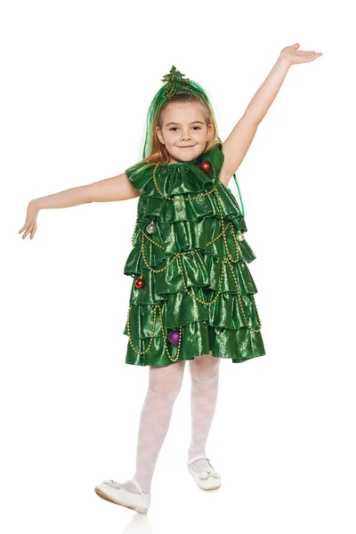 在圣诞树服装的女孩 — 图库照片
