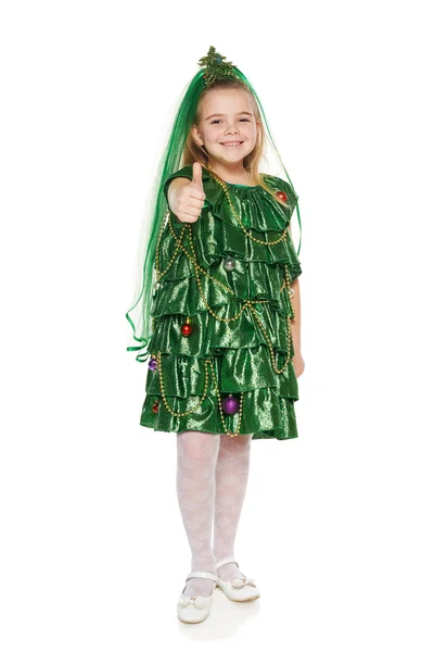 Girl in Christmas tree costume — Stock Photo, Image