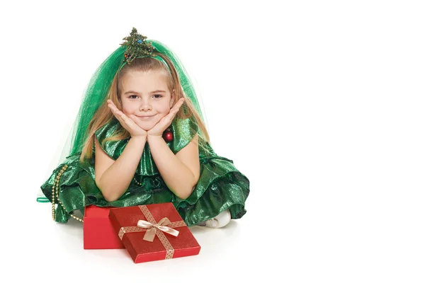 Chica en traje de árbol de Navidad —  Fotos de Stock