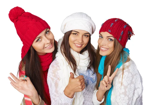 Three girls showing approving gestures — Stock Photo, Image