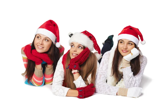 Christmas girls looking at blank copy space — Stock Photo, Image