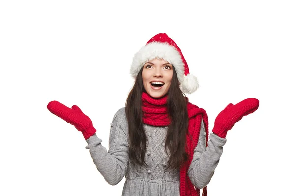 Verrast Christmas Santa vrouw — Stockfoto