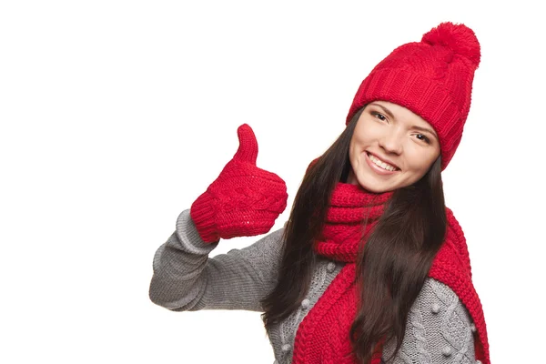 Inverno mulher polegar para cima — Fotografia de Stock