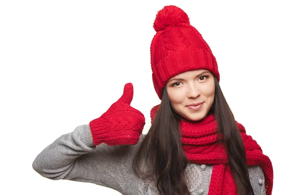 Inverno mulher polegar para cima — Fotografia de Stock