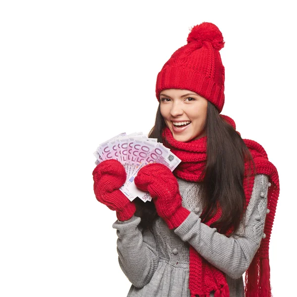 Winter vrouw met euro geld — Stockfoto